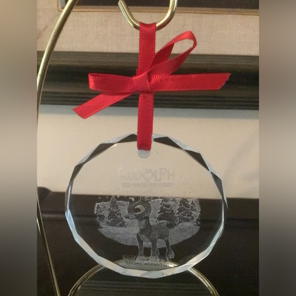 Rudolph Glass Ornament with Red Ribbon